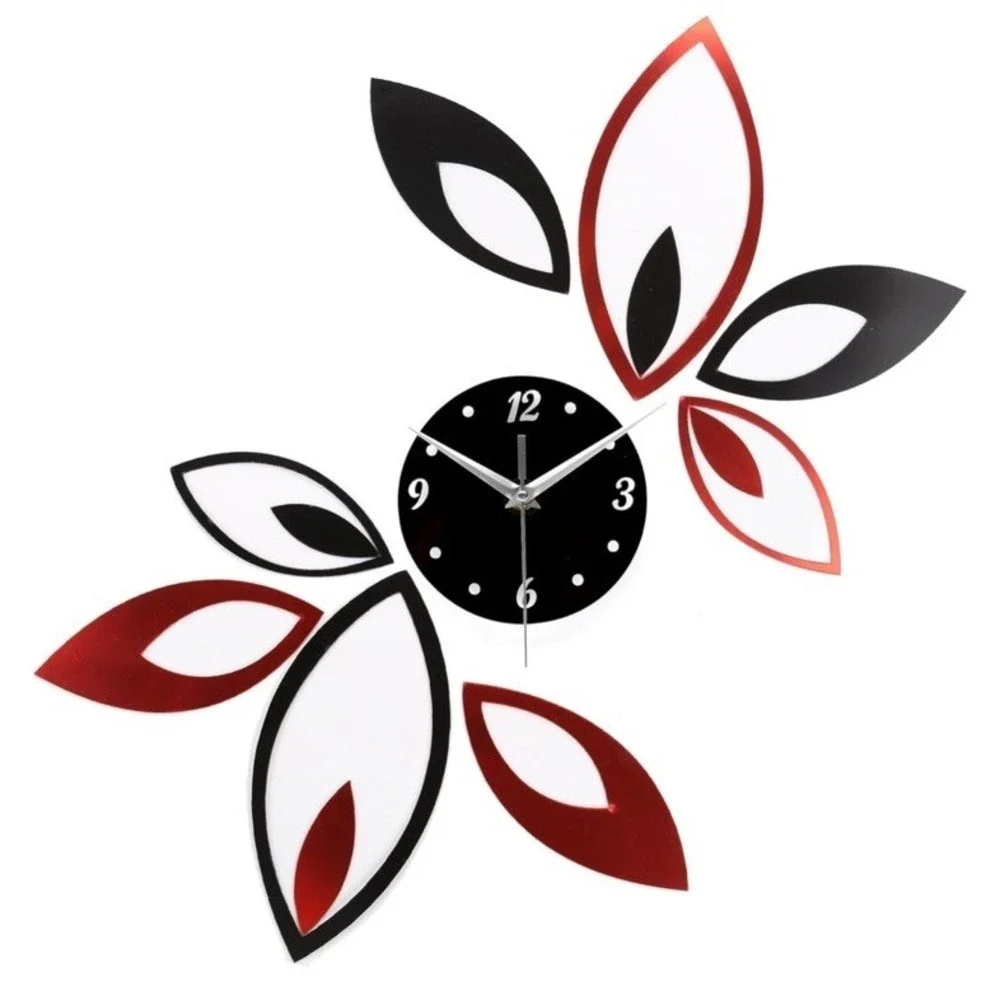 DIY Wall Clock Home Decor Red Black Modern‎ 3D Acrylic Mirror Petal Design Chic